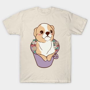 Cute Chihuahua dog in a bucket of flowers T-Shirt